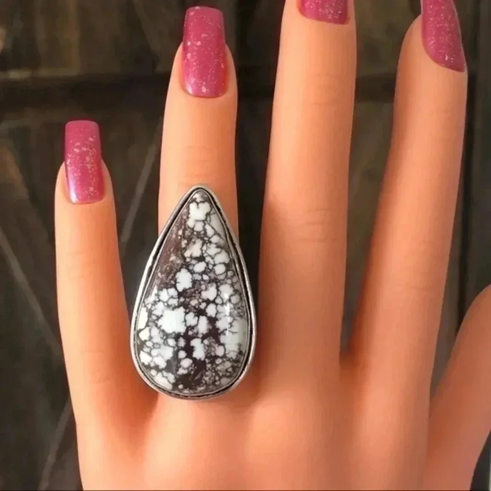 SIZE 6 Huge Teardrop Genuine Wild Horse Turquoise 925 Sterling Silver Ring NWT